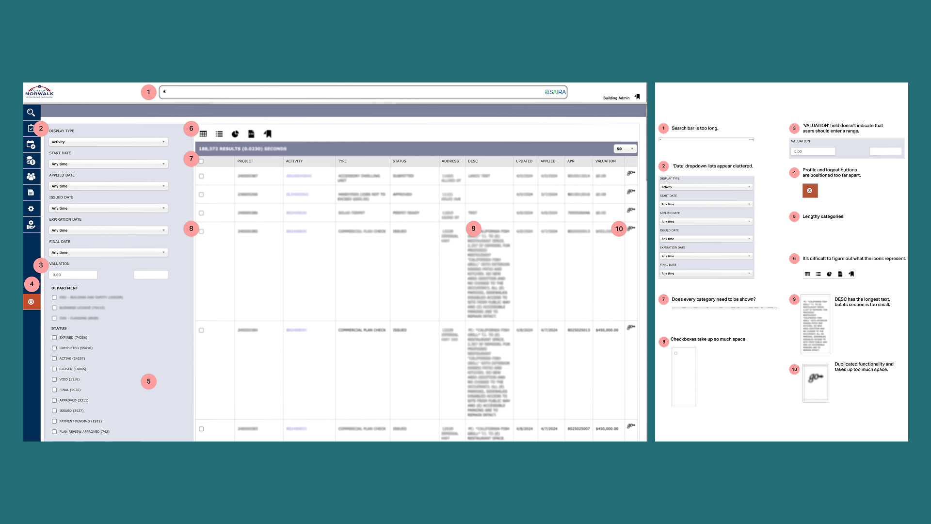 Original permit search interface, annotated